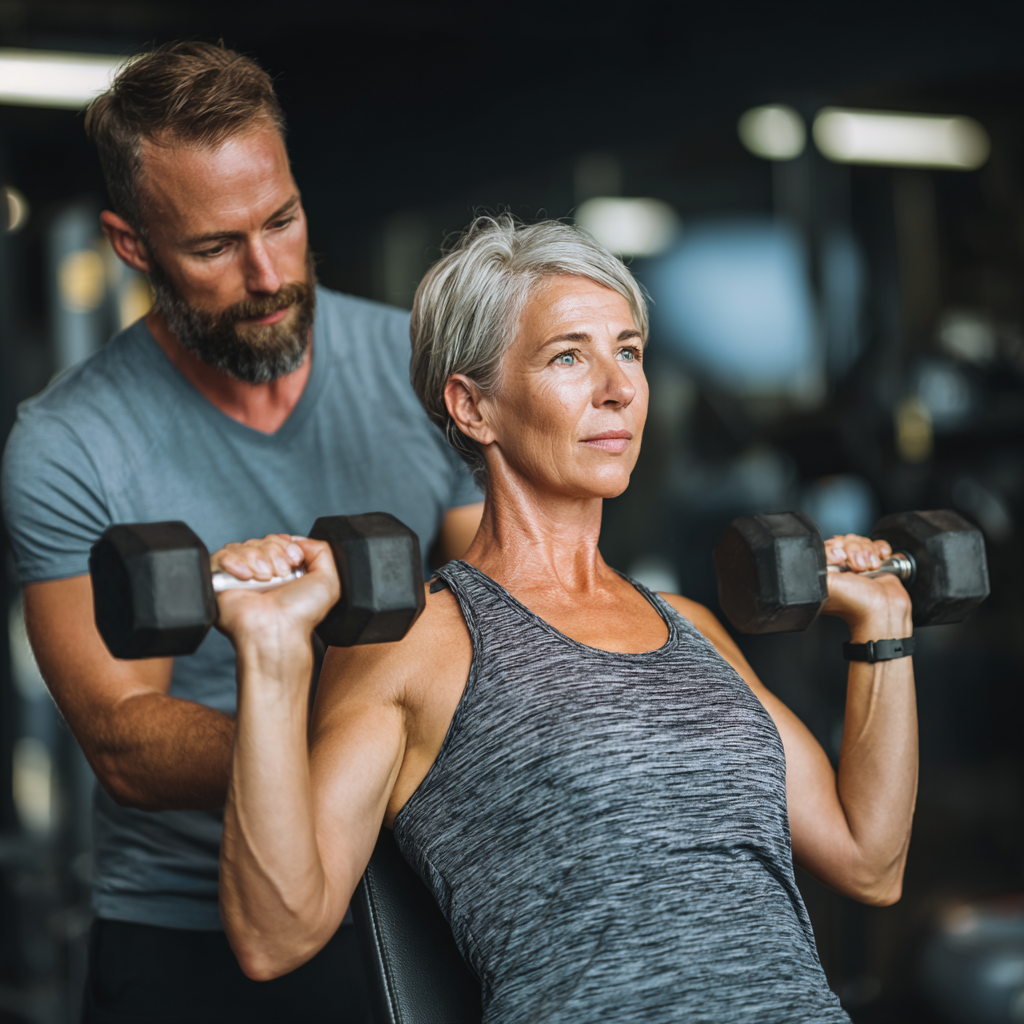 Professional fitness trainer helping middle-aged client with strength training exercise